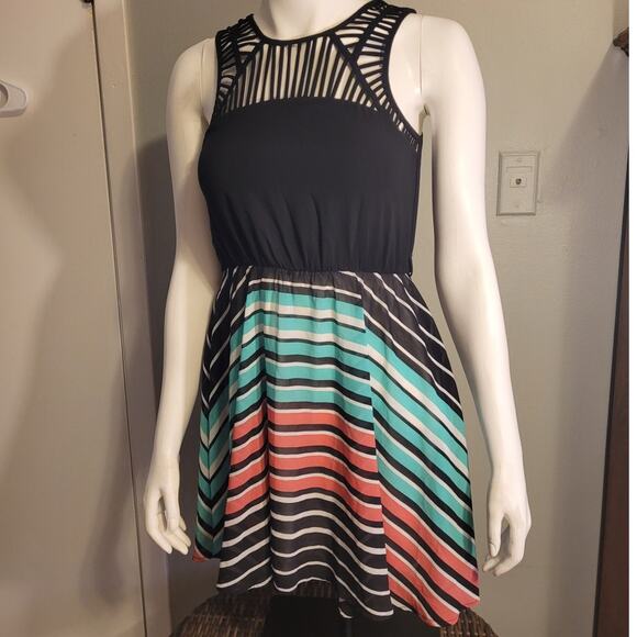 Candie’s Fit Flare XS Caged Neck Rainbow Stripe Dress Womens Graphic Skater Cute - Picture 9 of 10